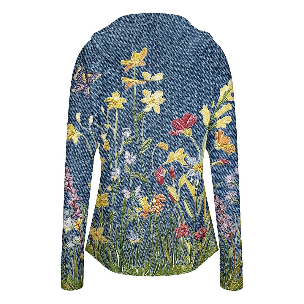 Sweat à capuche zippé pour femme Veste légère à manches longues Protection solaire avec capuche et poches Imprimé floral Tenue décontractée d'extérieur
