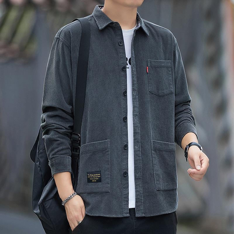 Men's Spring Corduroy Long-Sleeve Shirt Autumn Solid-Color Casual Multi-Pocket Loose-Fit Top