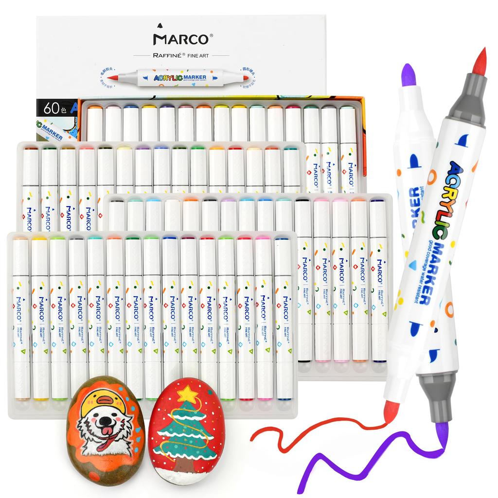 Marco 60 Color Acrylic Cotton Hard and Soft Opaque Acrylic Art Art Kids 60 Pieces Markers, Paint, Core, Double-ended, 6/10/12mm, Quick-drying,