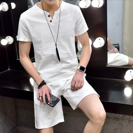 2Pcs/Set Men's Casual Cotton Linen Summer Suit Short Sleeve Button-Down Stylish Men's Suit Streetwear