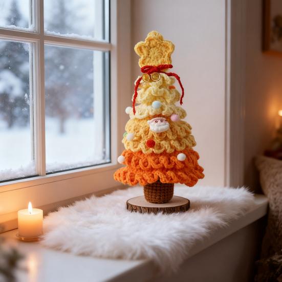 Crochet Christmas Tree Small Handmade Multi-layered Knitting Xmas Tree with Woodgrain Base for Winter Tabletop Home Room Party Decor