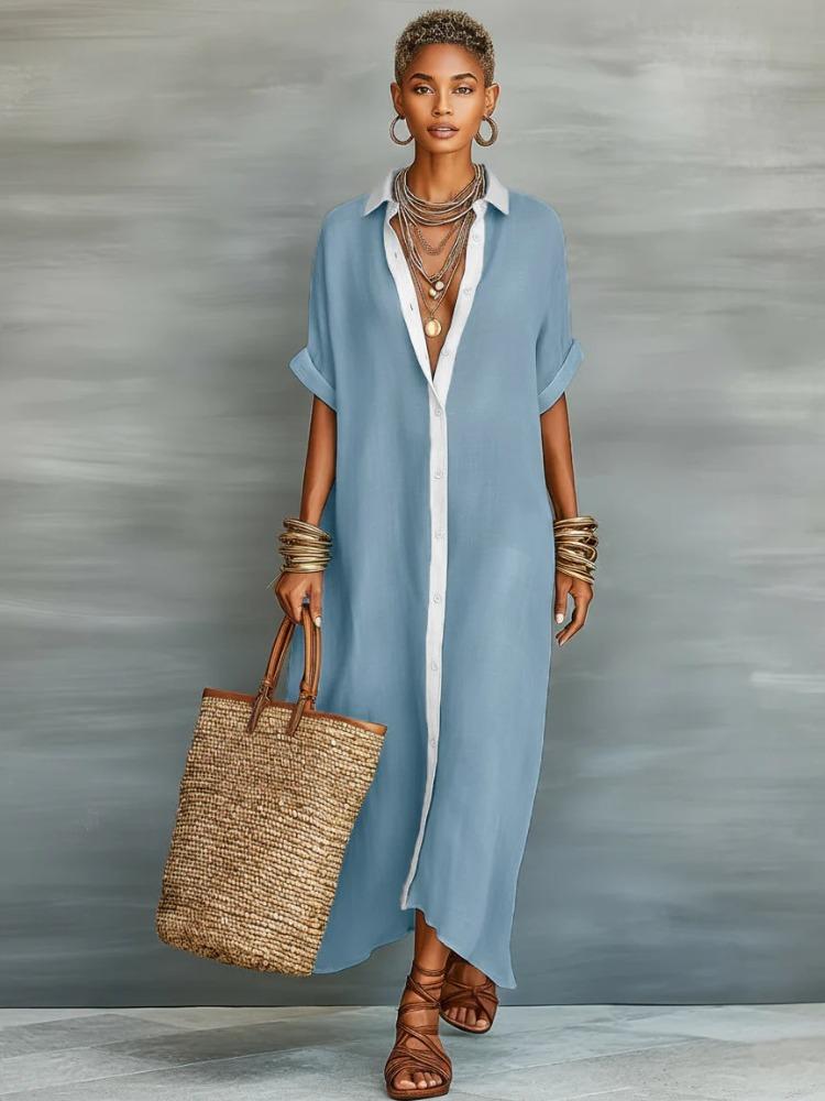Women s Colour-blocked Loose-fit Long-Sleeve Cotton-Linen Polo Neck Shirt Dress – A Stylish Comfortable and Casual Dress for Women S небесно-голубой