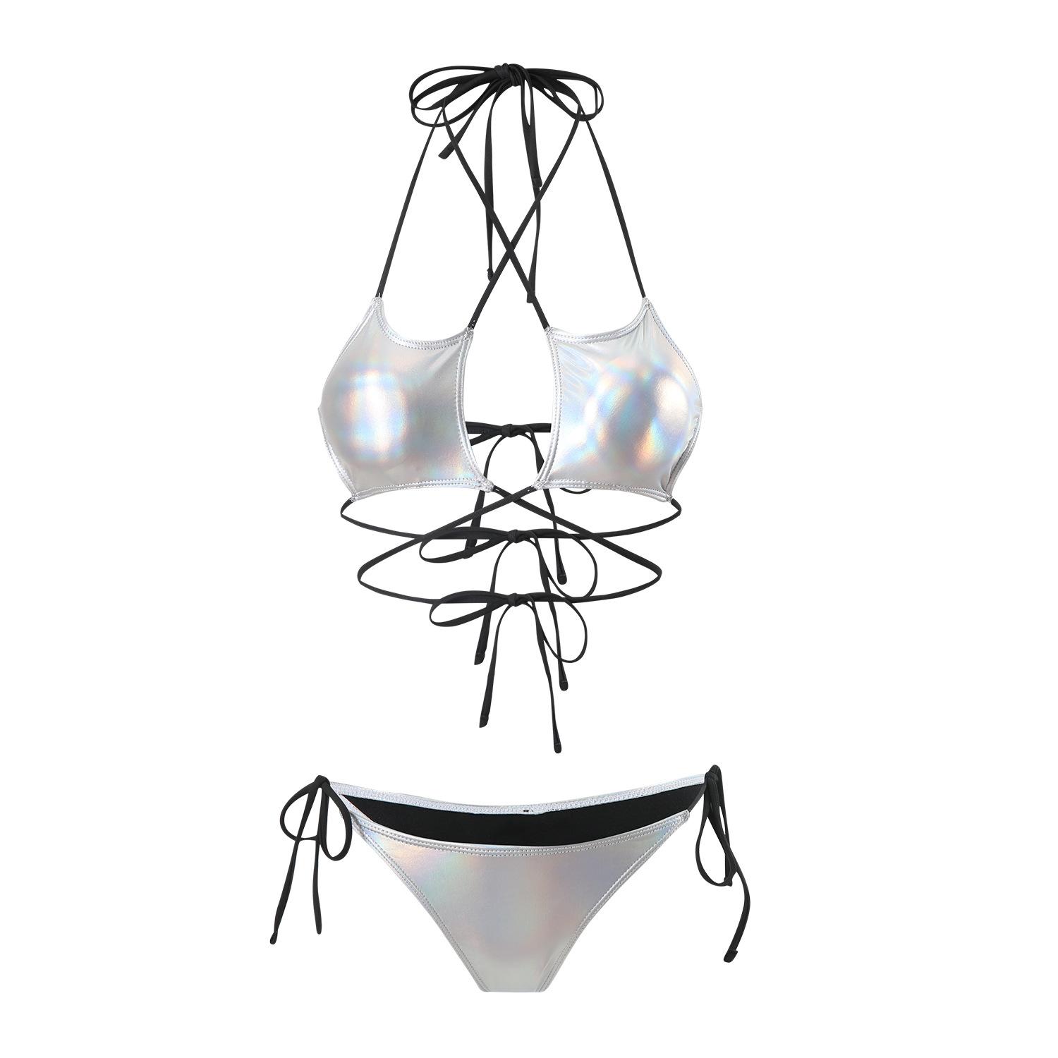 European and American sexy bronzing five-star drawstring straps split swimsuit bikini bikini S серебряный
