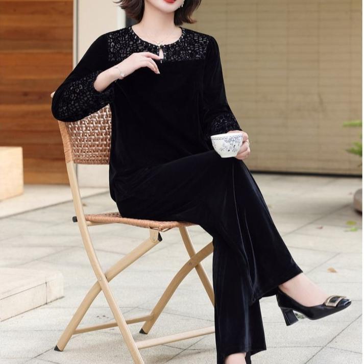 2pcs Pants Suit Autumn Women's Loose Plus-size Velvet Blouse High-waist Velvet Pants Two-piece Set