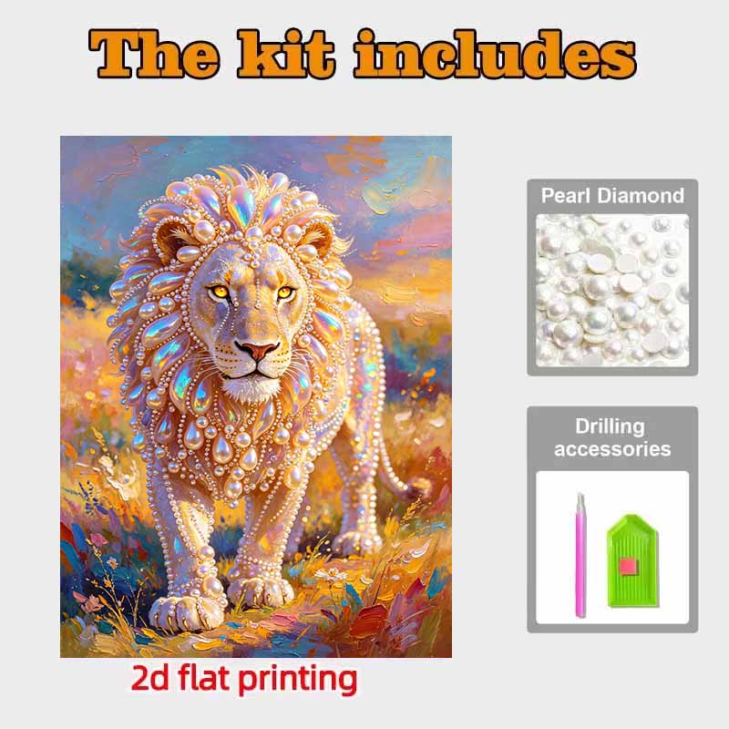 Pearl painting kit, 5D pearl shaped diamond majestic lion painting kit suitable for home living room, bedroom, study room and wall art gifts