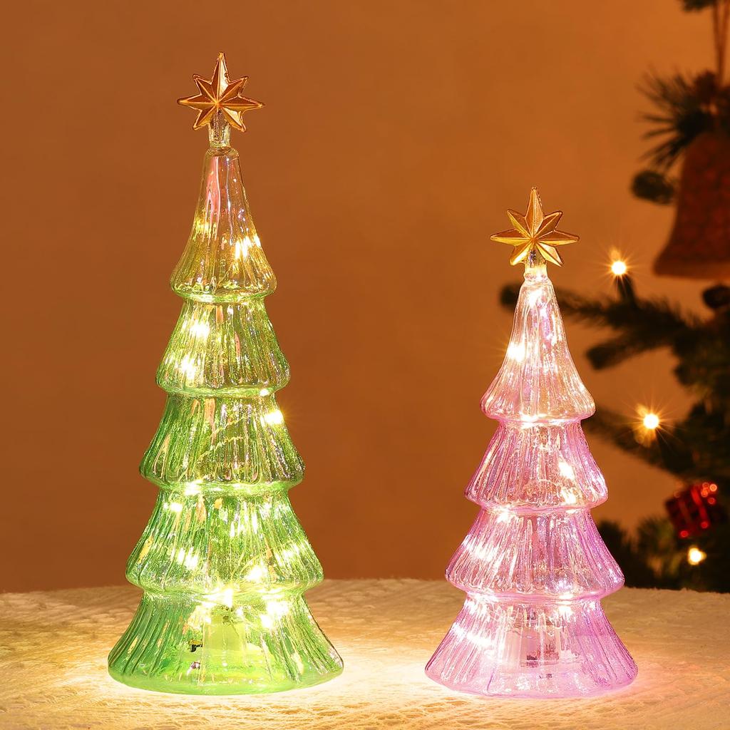 Lewondr Tabletop Christmas Tree Small Christmas Tree Mercury Finish Glass Christmas Object with LED Battery Perfect for Room Entrance or Green Purple