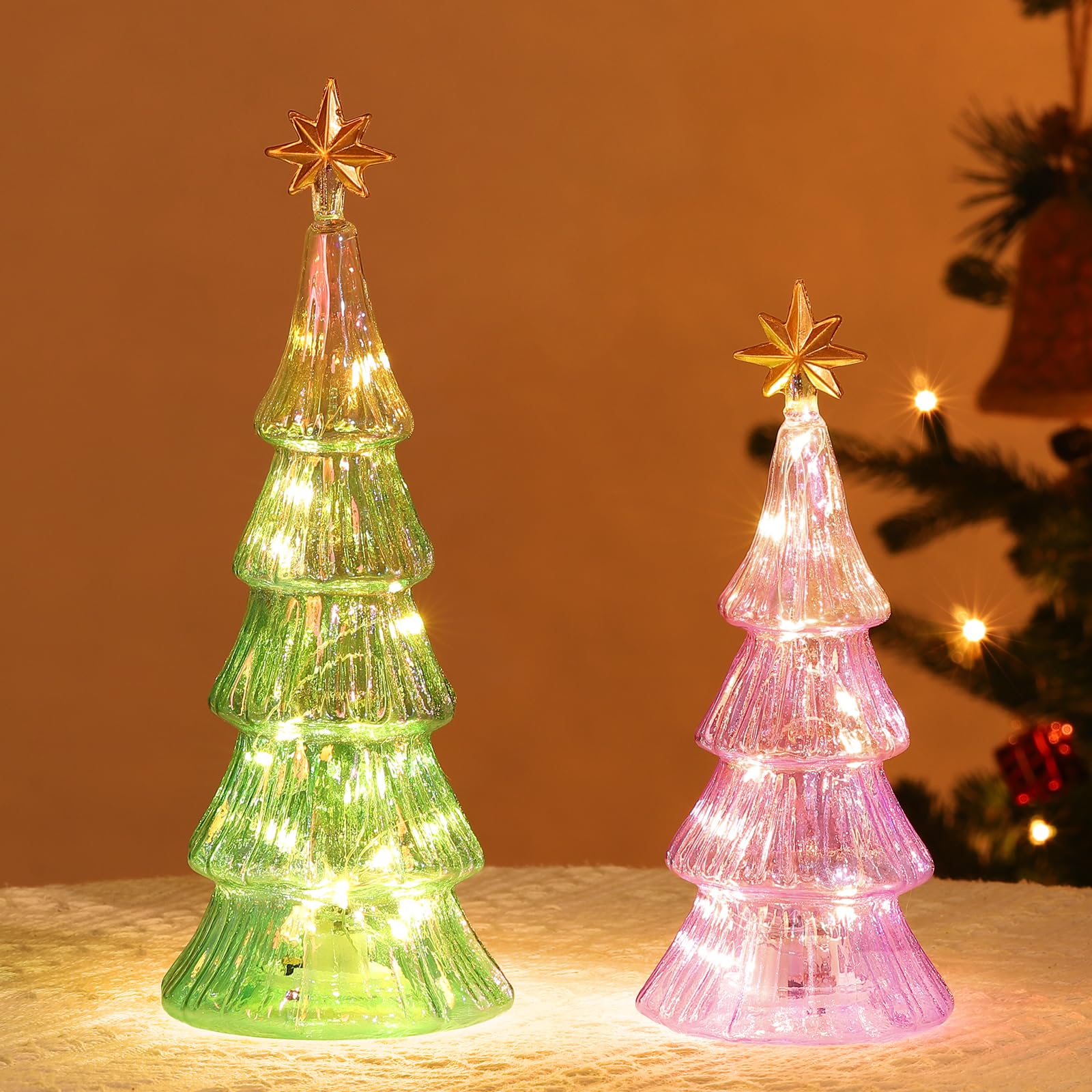 

Lewondr Tabletop Christmas Tree Small Christmas Tree Mercury Finish Glass Christmas Object with LED Battery Perfect for Room Entrance or Green Purple