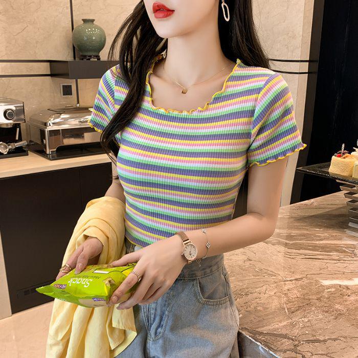 Women s Summer Slimming High-Waist Rainbow Striped Short Sleeve Cotton Crop Top Small