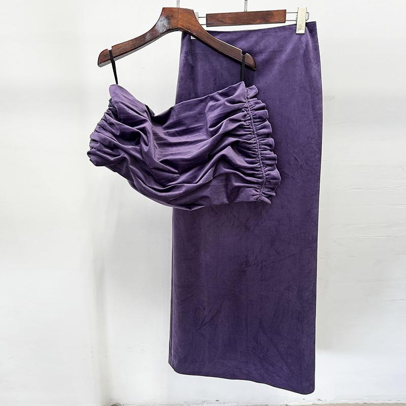 

In-Stock 2026 Stylish European & American French Chic Irregular Velvet Short Top & Skirt Set M