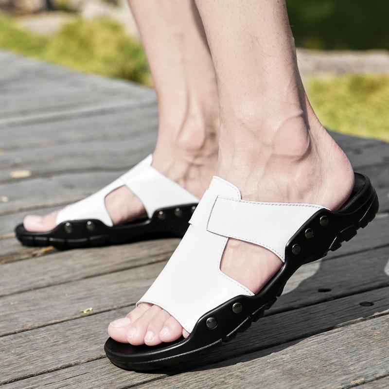 Genuine Leather Slippers Men Outdoor Non-slip Summer Shoes Home Fashion Casual Shoes Cool Soft Beach Pantuflas Plus Size 37-49