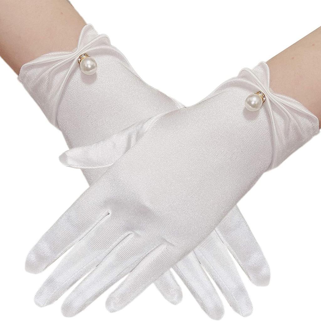 Satins Gloves Evening Gown Gloves with Pearls Decors Wedding Bride Gloves for Formal Occasion Stage Props Hand Gloves