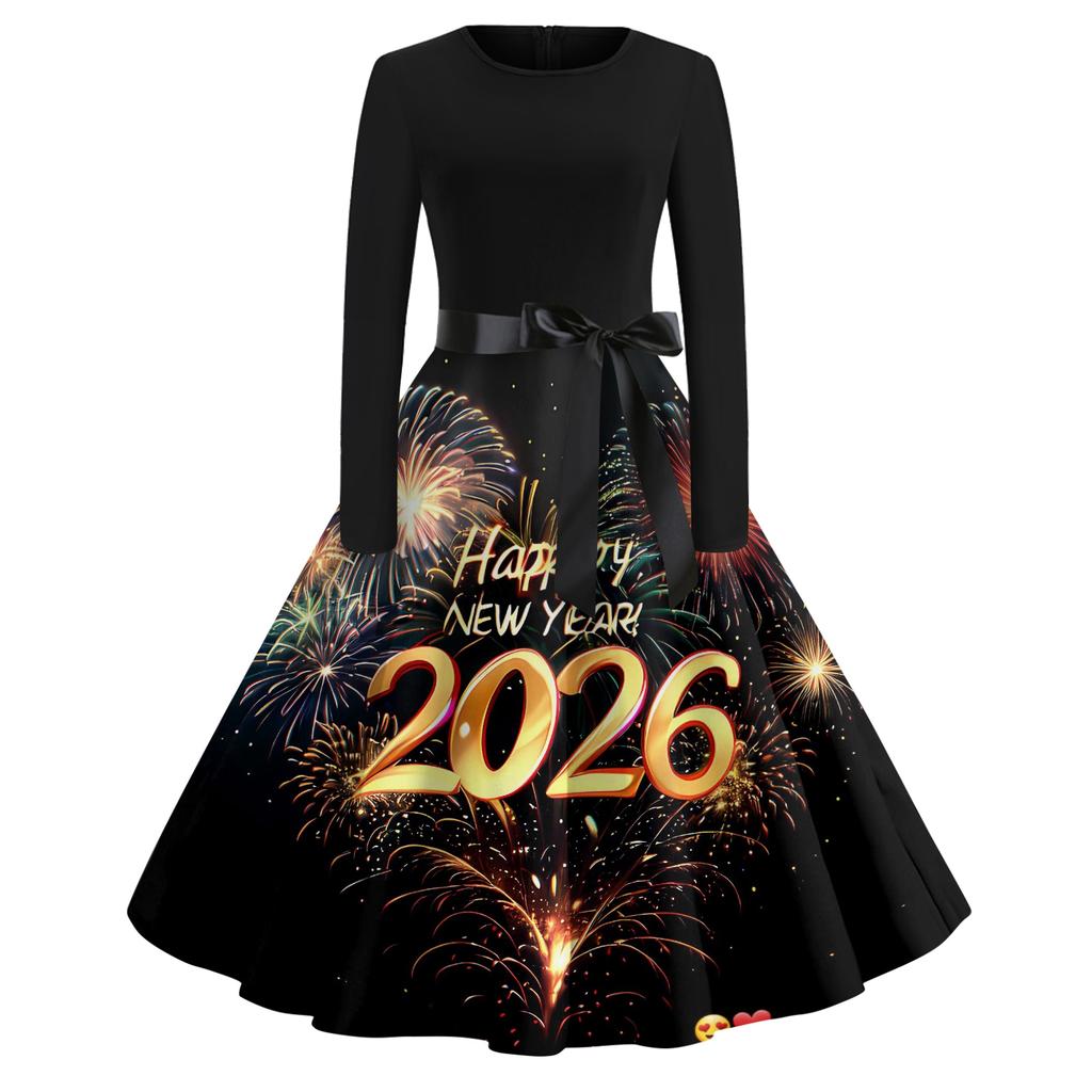 Women's Casual Fashion Round Neck Long Sleeve New Year Printed Retro Dress