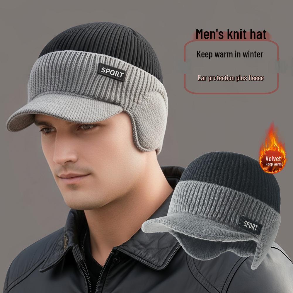 Men's Winter Ear Protection Fleece-Lined Wool Hat - Knitted Duckbill Design, Outdoor Color Block Warmth.