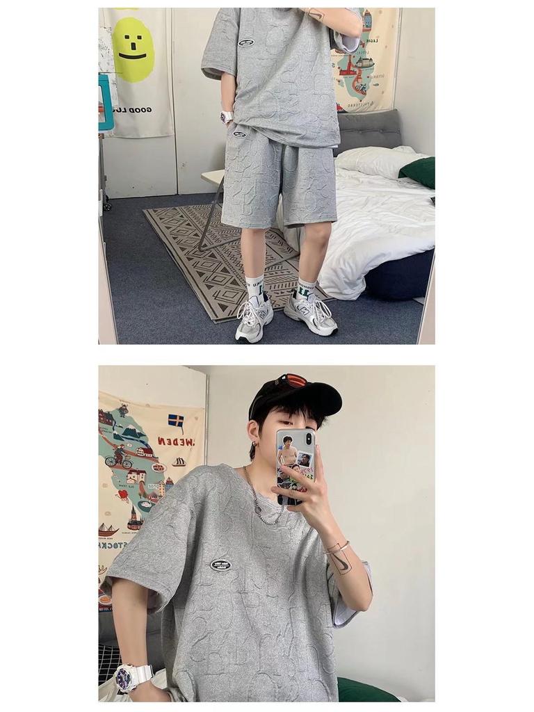 2023 Men's Summer Casual Waffle Short-Sleeve T-Shirt Set: Teens' Loose, Comfortable Fit