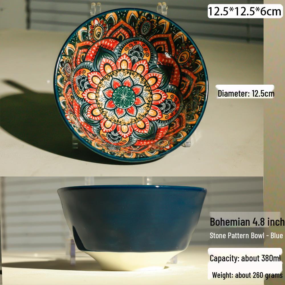 Blue Bohemian Porcelain Microwave-Safe Rice Bowl and Plate Set