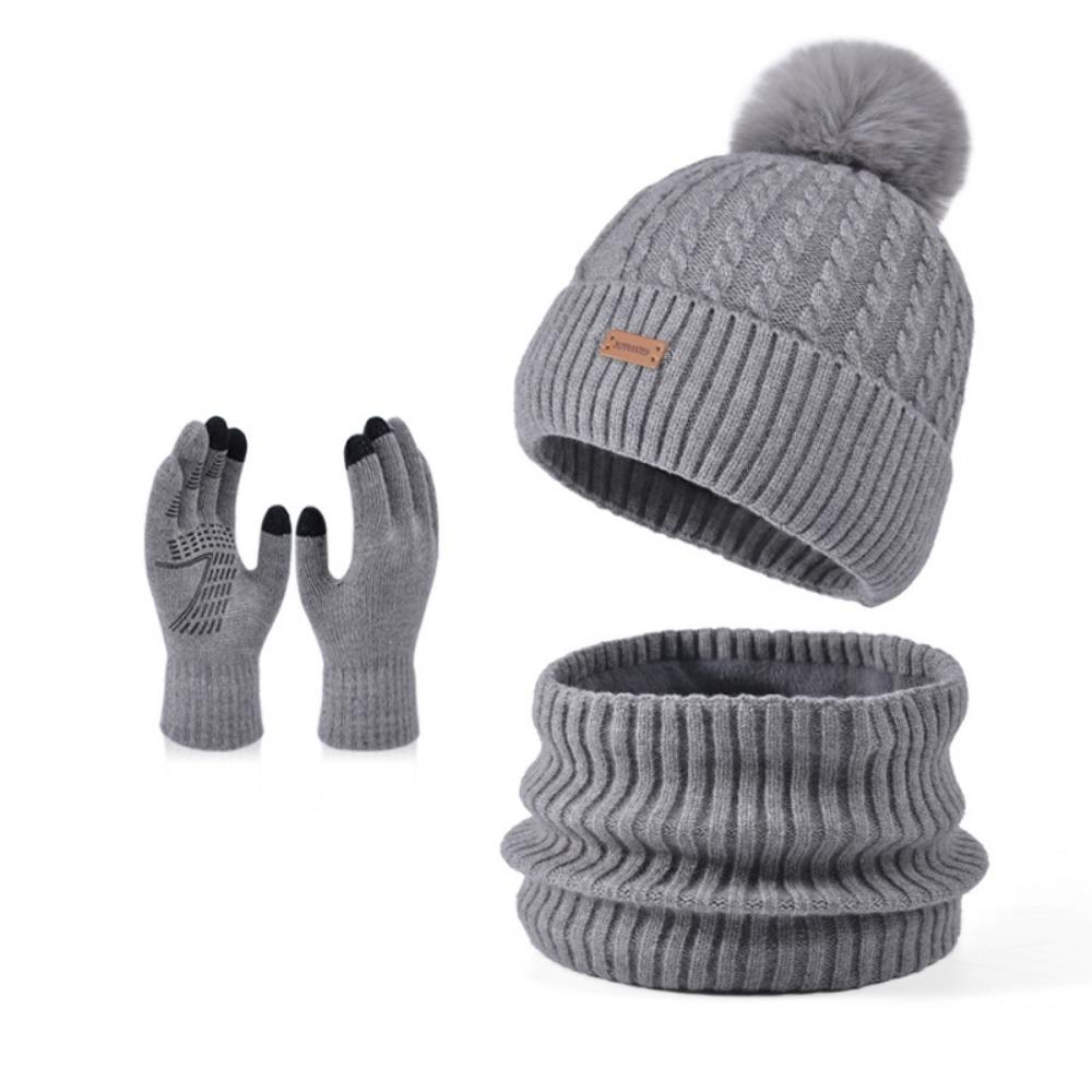 3pcs Solid Color Hat Scarf Gloves Set Warm Winter Beanie Hat Simple Thermal Knit Cap  Outdoor