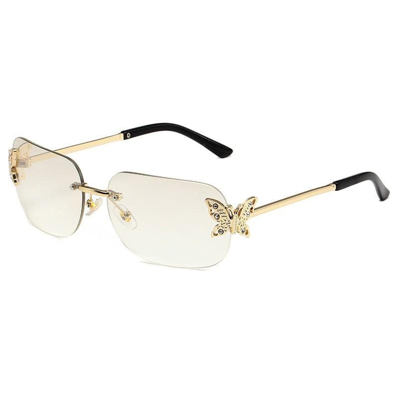 2026 New Rimless Rectangular Butterfly Sunglasses Retro Metal Frame Women’s Street Style Diamond-Encrusted UV400 Shades Eyewear