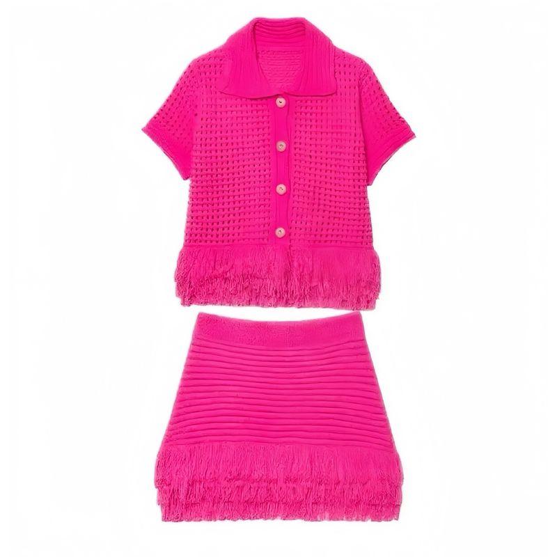 

Европейский и американский новый модный топ с кисточками на лацканах и короткими рукавами, вязаный, комплекты юбок, комплект из топа и юбки Rose Red One size