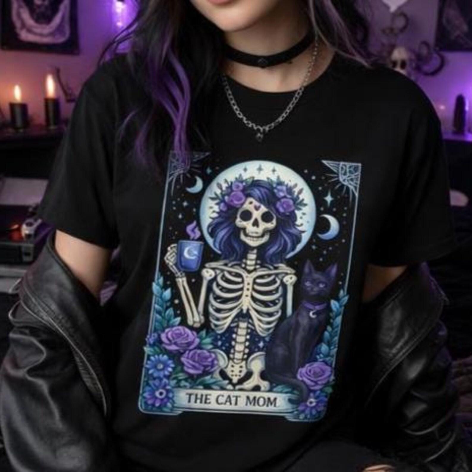Skeleton Cat Mom Tarot T-Shirt | Gothic Moon Roses Graphic Tee M