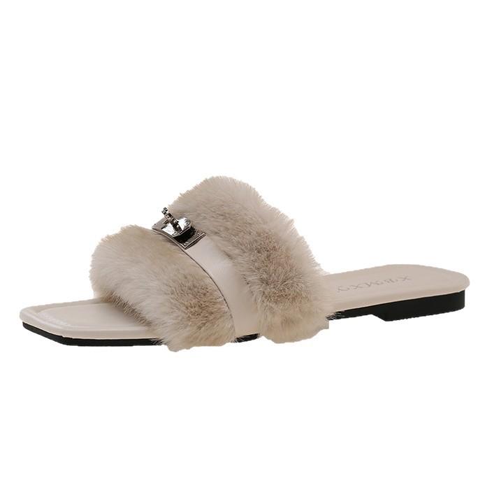 French Small Fragrant Wind Fluffy Slippers Female Outer Wear 2025 Autumn Fairy Wind Flat Bottom Non-slip Square Head Lazy Word Drag