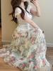Floral Print Tulle Beaded Skirt with Irregular Hem - Women's Puffy Cake Design