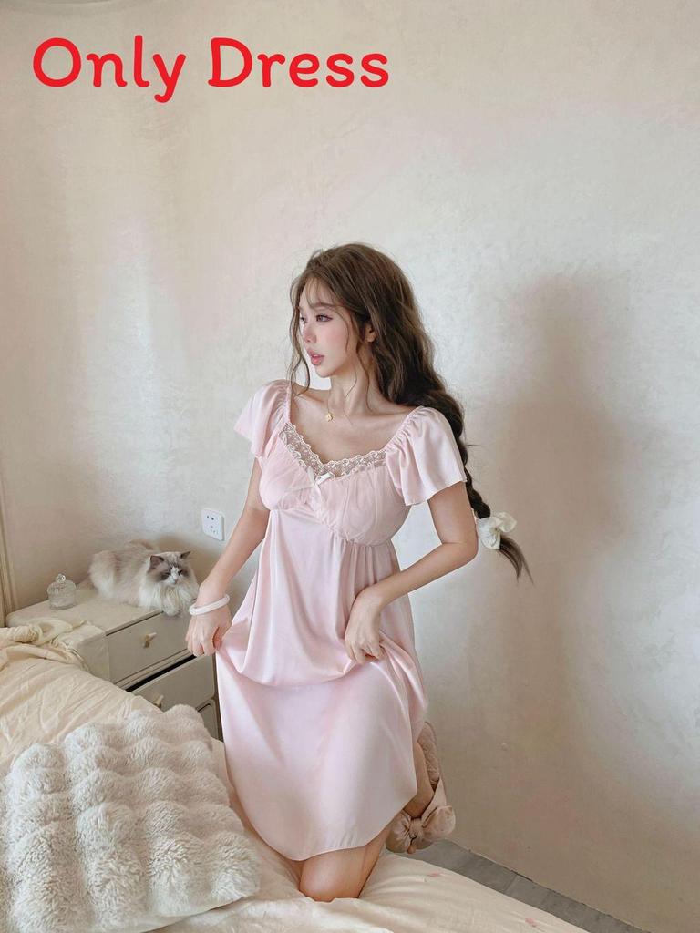 Palace Style Mesh Nightdress For Women With Builtin Bra Summer Short Sleeve Home Wear