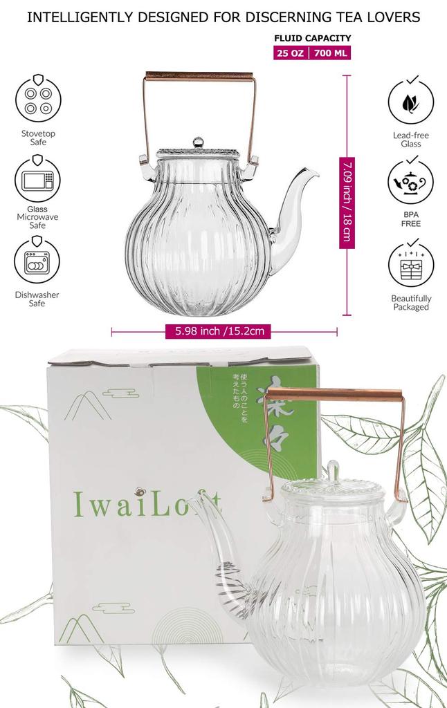 IwaiLoft Handmade Heat-Resistant Glass Teapot with Strainer, Glass and Copper Handle, Jumping Design, Perfect for Fruit Tea, Loose Leaf Tea, Flower