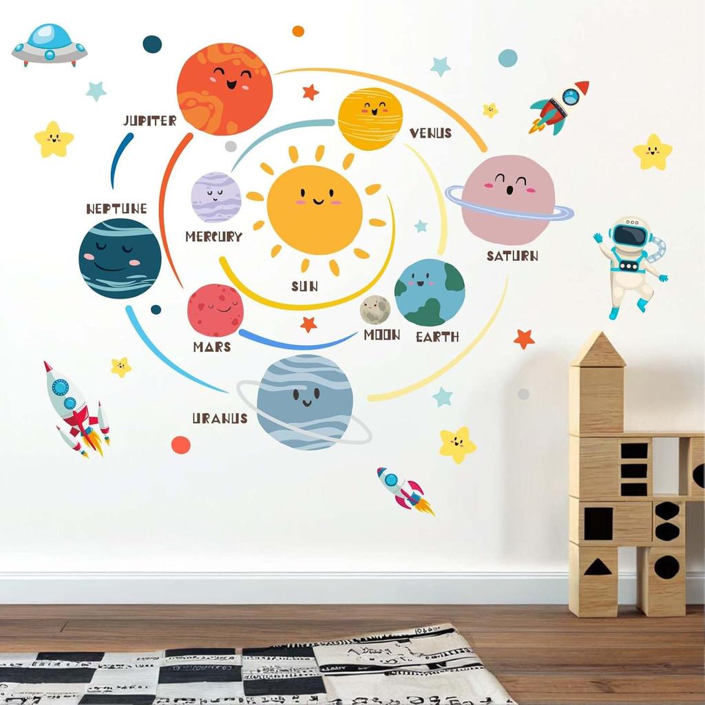 Space Planets Wall Decals - Astronaut Rocket Stickers - Kids Room Nursery Decor