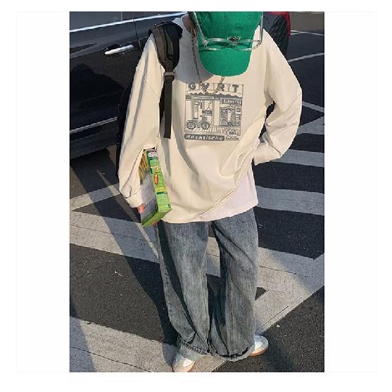2024 Men's Long-Sleeved T-shirt Autumn Undershirt Long Sleeve Cotton Autumn Hong Kong Style Printing Loose Trendy Top