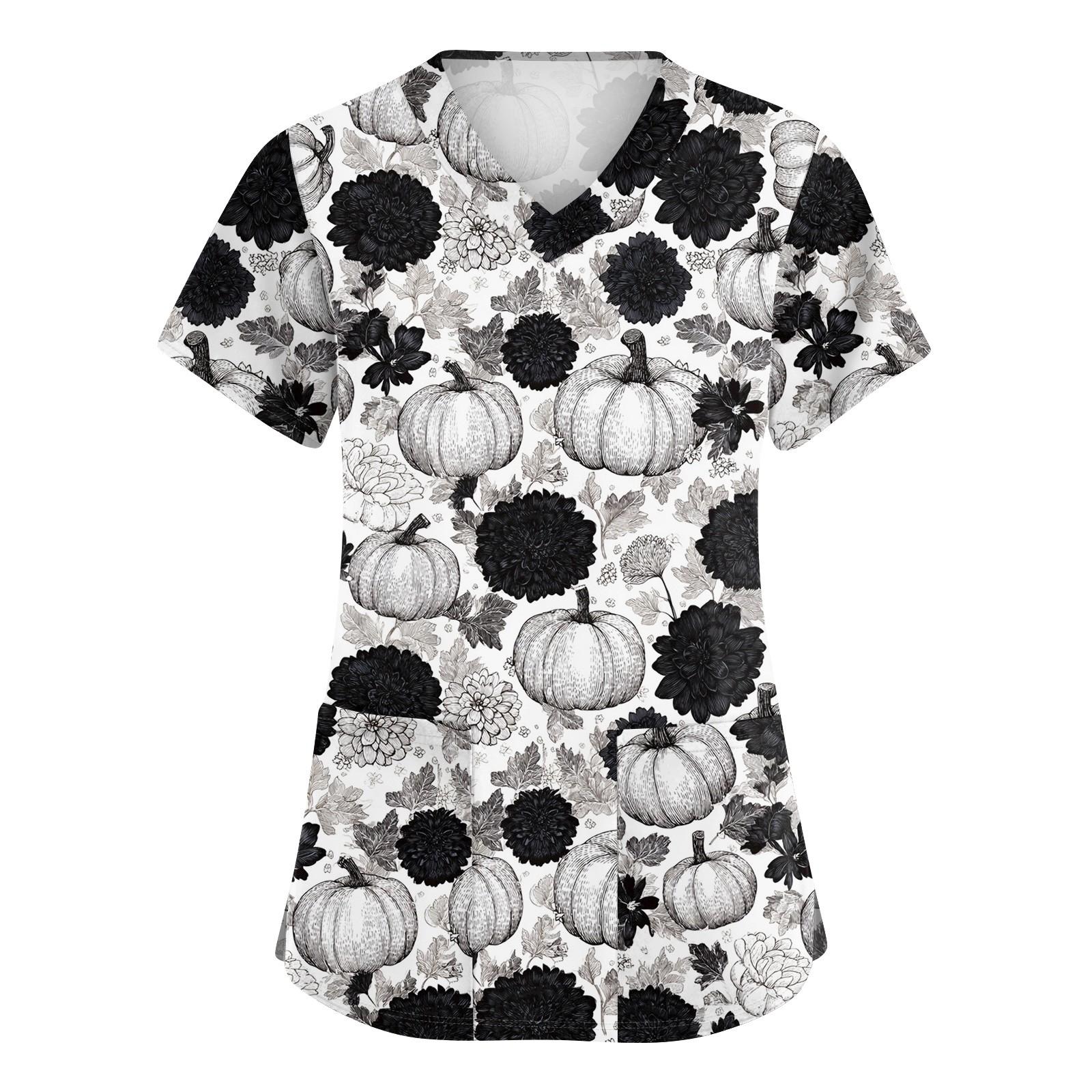 

Женская симпатичная принтованная рабочая одежда с V-образным вырезом, двухслойными карманами, базовым коротким рукавом, пуловером L