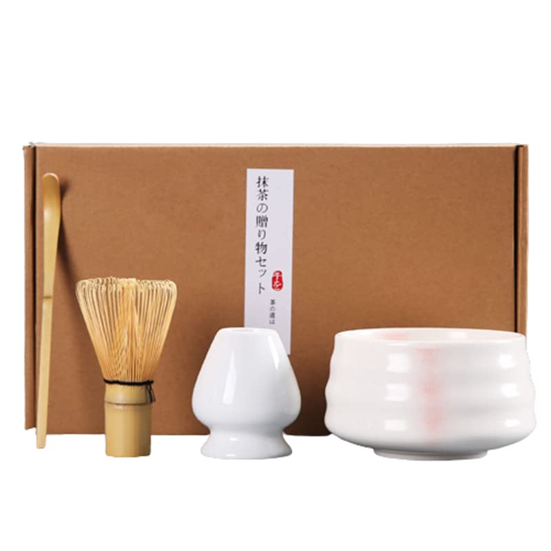 4-Piece Tea Ceremony Set (A) for Beginners: 100-Stand Chasen, Chasen Holder, Chashaku, Chasa (Tea Scoop), Matcha Bowl, and Chasen Straightener.