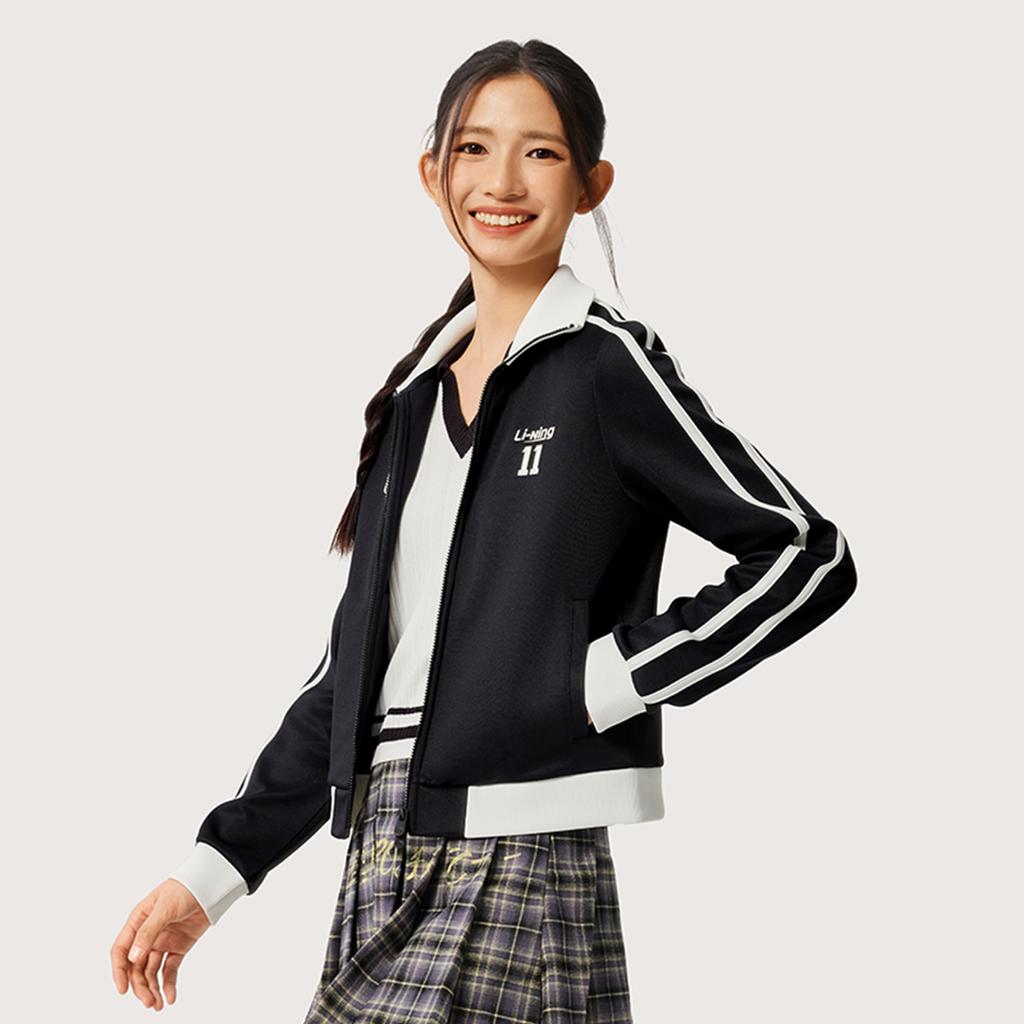 Li-Ning Sports Lifestyle Series High Street American Vintage Casual Simple Color Block Stand Collar Zipper Sweatshirt Women sweatshirt Black AWDVC04-1