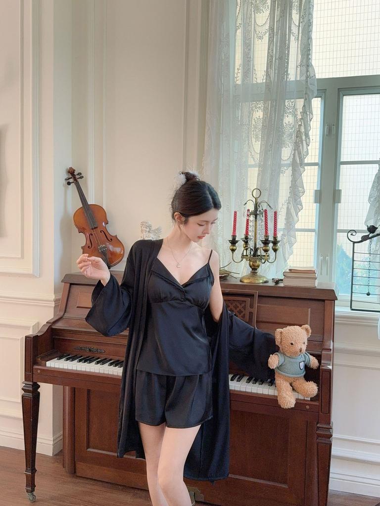 Summer Sexy V-neck Suspender Shorts Pajamas Three-piece Women's Sweet Ice Silk Cool Loungewear Ins Style