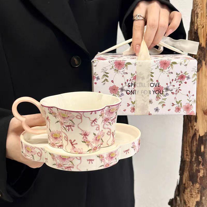 Girly Style Pink Tender Coffee Cup And Saucer Set Ceramic Water Cup Ins Afternoon Tea High Value Cute Light Luxury Cup And Saucer