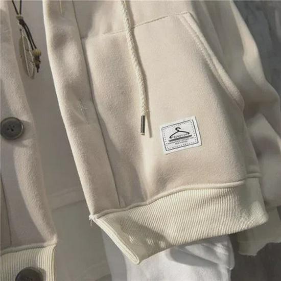 Men's Korean Style Hooded Jacket: Autumn/Winter Loose-Fit, Pocket Label Design, Trendy Button Cardigan Sweatshirt.