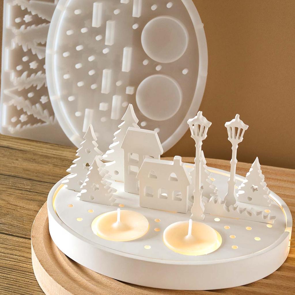 Round Candle Holder Silicone Mold with Hollow Tree House Street Lamp DIY Nightlight Silhouette Candlestick Mold 3D Plaster Craft