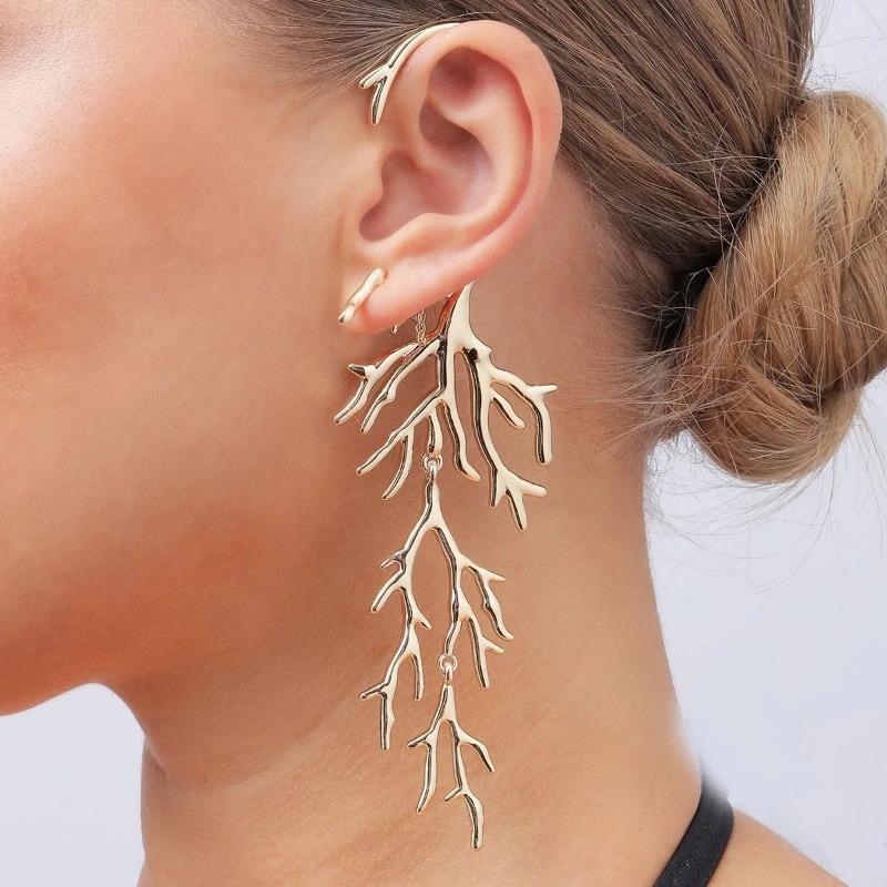 New Trend Gold Color Alloy Coral Left Right Asymmetric Large Earrings For Women Party Accessories
