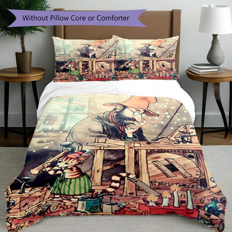 3pcs Duvet Cover Set (1*Duvet Cover + 2*Pillowcase, Without Core), Pettersson und Findus Print Bedding Set, Bedroom Decor, All‑Season, Birthday Gift