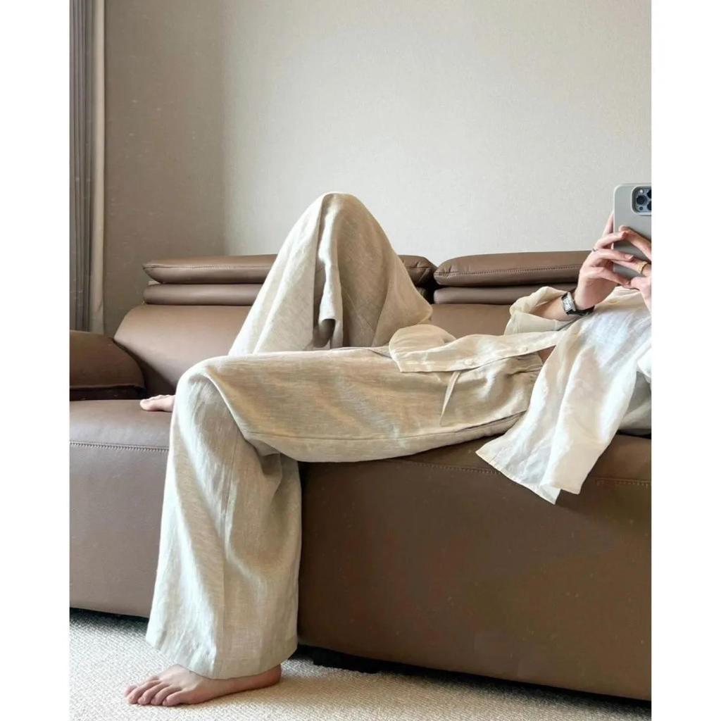 Spring Summer Women's Linen High-Waisted Bell Bottoms Women's Loose-Fit Draped Slimming Casual Dragged Pants Thin Style Straight-Leg Design