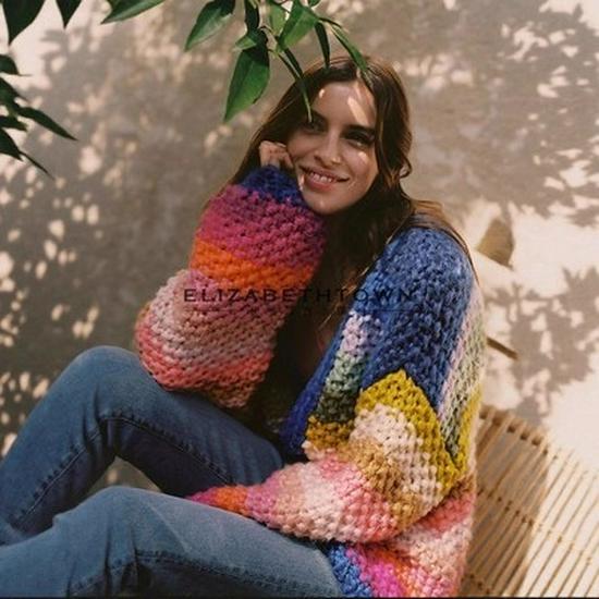 Damski Ręcznie Robiony Kardigan Płaszcz Dzianinowy w Paski Tęczowe - Kolekcja Jesień i Zima