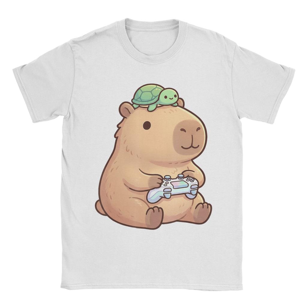 Cute Capybara Anime Gamer TShirts for Men Leisure Pure Cotton Tee Shirt O Neck Short Sleeve T Shirts Printing Clothing