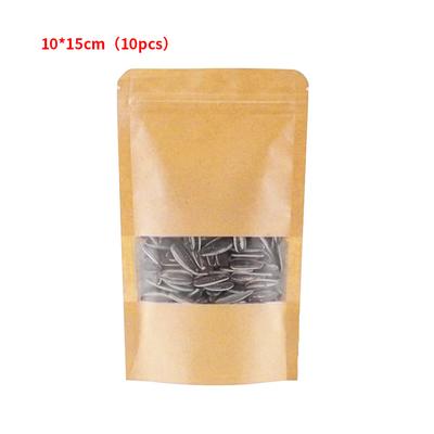10 peças de sacos de papel kraft com fecho zip marrom com janela, suporte para cima, alça reselável
