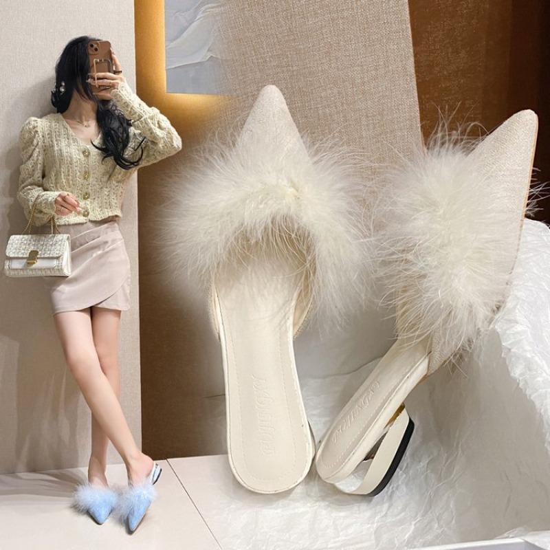 Pointed-toed fluffy shoes wearing bag-headed slippers for women's spring and autumn new large-size thick-heeled lazy half-slippers