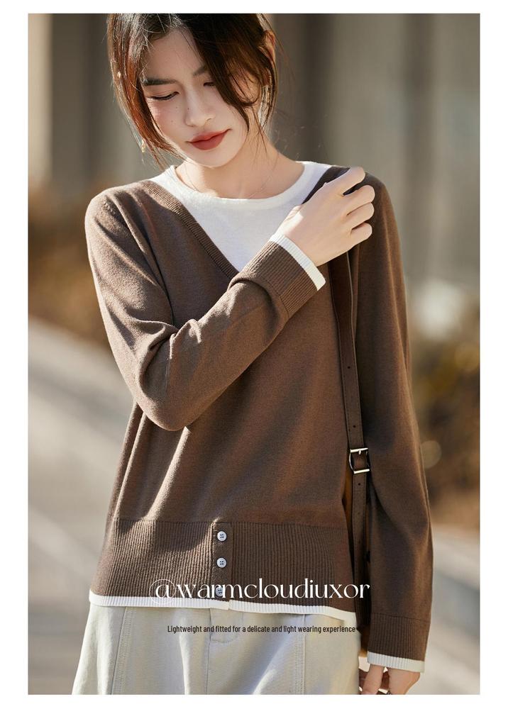 Women's V-Neck Patchwork Knitwear: French Color Block Two-Piece Style, Stylish Inner Layer Sweater for Spring/Autumn 2026.