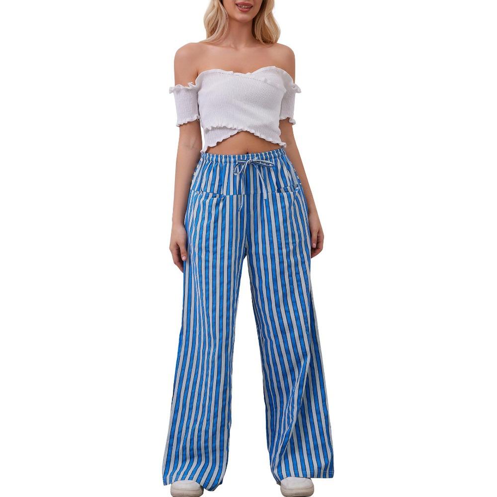 Women’s Drawstring Striped Wide-Leg Casual Trousers – Low-Waisted, Loose-Fitting Trousers