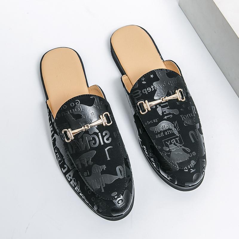 

Spring bag head half tray Korean version men s casual small leather shoes lazy one pedal Doudou shoes large size cool slippers 45 чорний