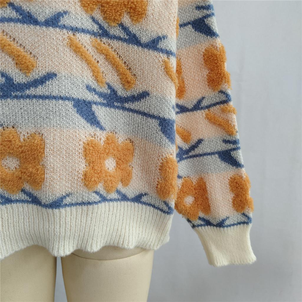 Autumn and Winter New Sweet and Cute Style Flower Jacquard Towel Embroidered Knitted Round Neck Thick Sweater for Women 3579 KTB