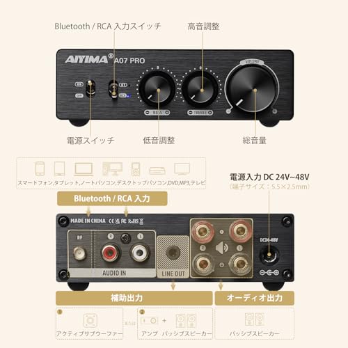 AIYIMA A07 PRO Desktop Amplifier, TPA3255+QCC304X+N5532*5, Bluetooth 5.2, Apt-X HD, 300W*2 Power Amplifier, HiFi Audio, Desktop Amplifier