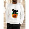1pc Men's Crew Neck Sweatshirt, Fall/Winter Pullover, Halloween Black Cat On Pumpkin Print, Holiday Party Daily Wear Gift