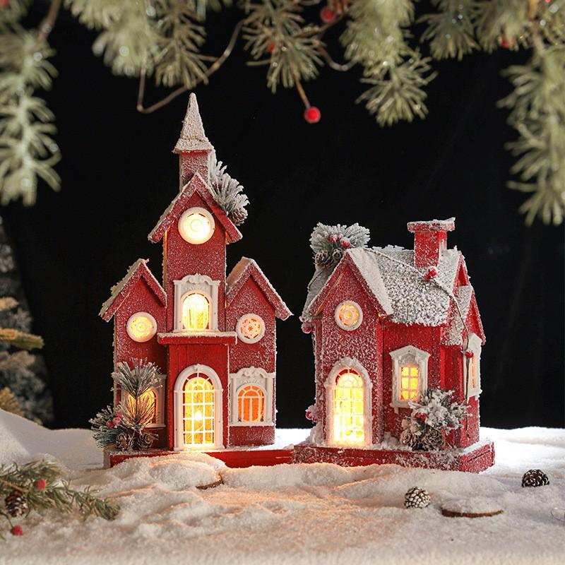 Christmas Wooden Lighted Snow House Mini Cabin European Vintage Xmas Decor
